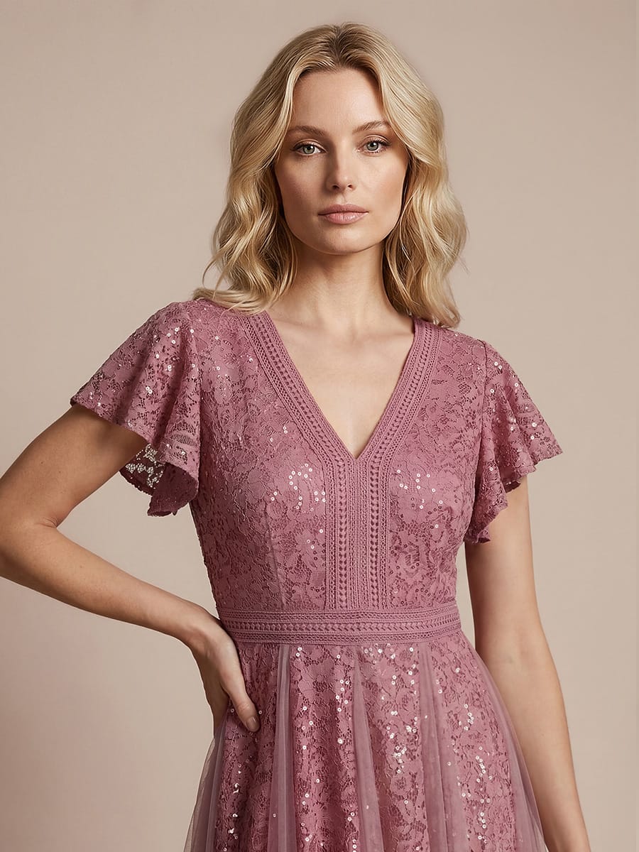 Elegant Lace Ruffle Sleeve Midi Dress Formal Wedding Guest Dress - Image 20