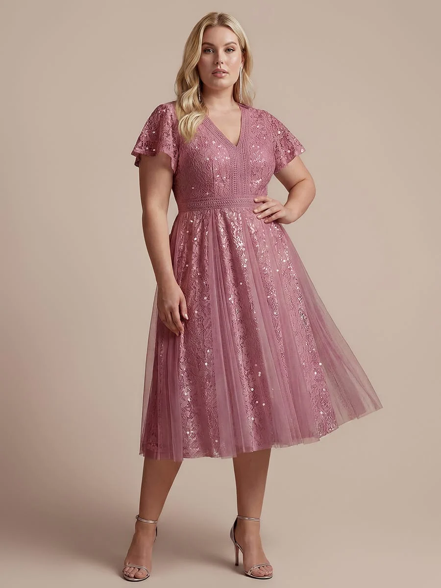 Elegant Lace Ruffle Sleeve Midi Dress Formal Wedding Guest Dress - Image 21