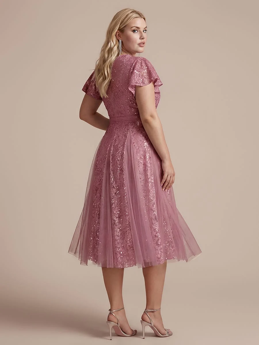 Elegant Lace Ruffle Sleeve Midi Dress Formal Wedding Guest Dress - Image 22