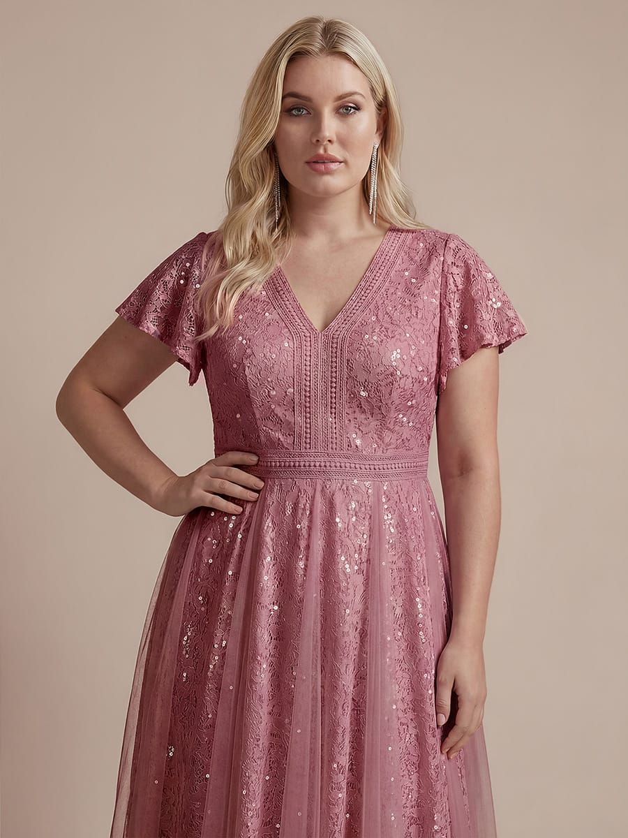 Elegant Lace Ruffle Sleeve Midi Dress Formal Wedding Guest Dress - Image 23