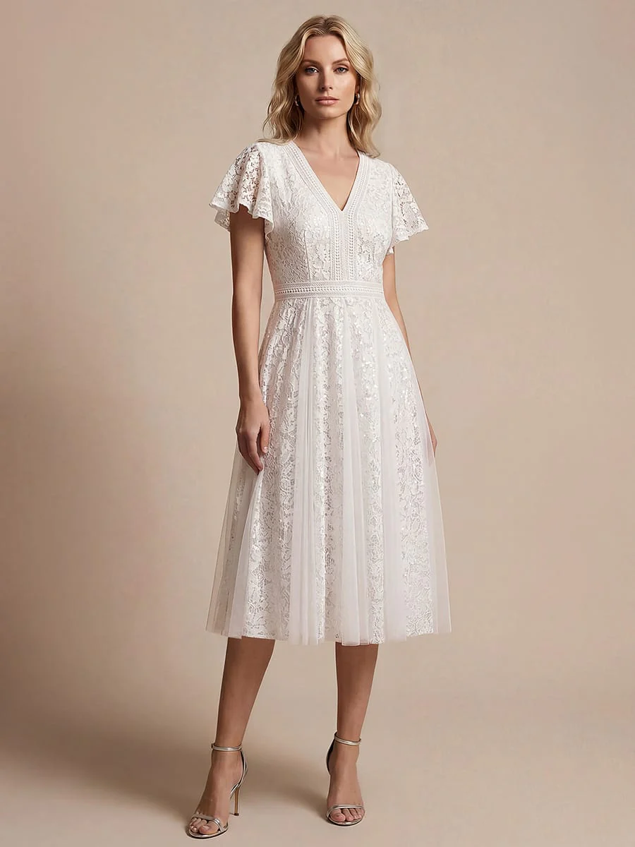 Elegant Lace Ruffle Sleeve Midi Dress Formal Wedding Guest Dress - Image 24