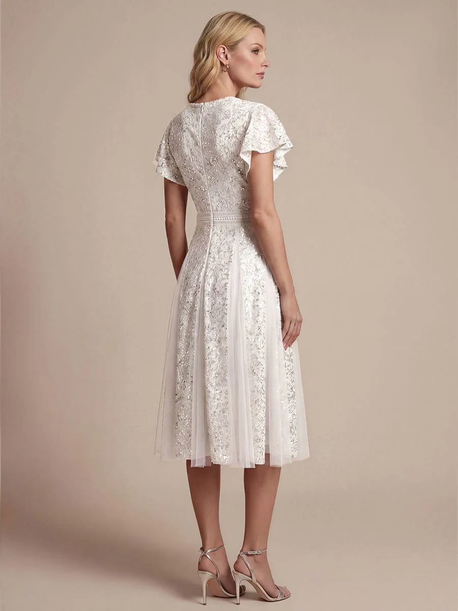 Elegant Lace Ruffle Sleeve Midi Dress Formal Wedding Guest Dress - Image 25
