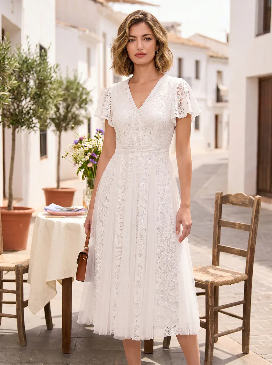 Elegant Lace Ruffle Sleeve Midi Dress Formal Wedding Guest Dress - Image 26