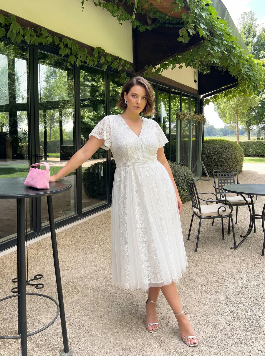 Elegant Lace Ruffle Sleeve Midi Dress Formal Wedding Guest Dress - Image 27