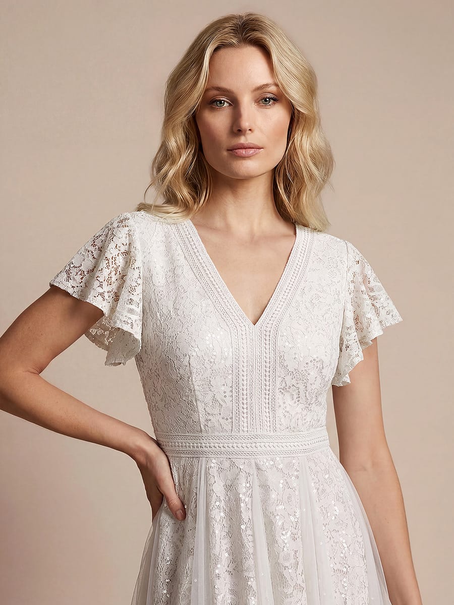 Elegant Lace Ruffle Sleeve Midi Dress Formal Wedding Guest Dress - Image 28