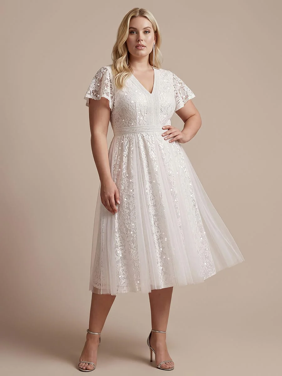 Elegant Lace Ruffle Sleeve Midi Dress Formal Wedding Guest Dress - Image 29