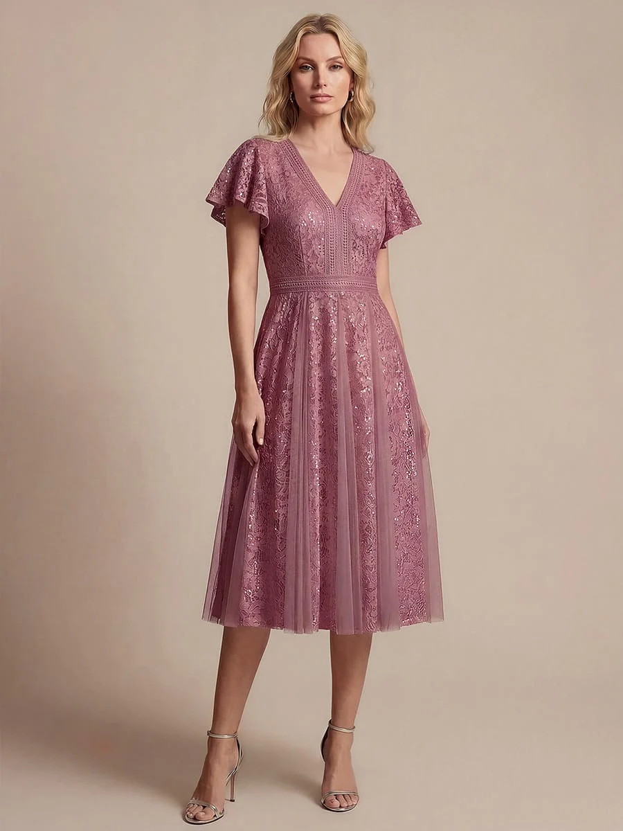 Elegant Lace Ruffle Sleeve Midi Dress Formal Wedding Guest Dress - Image 3