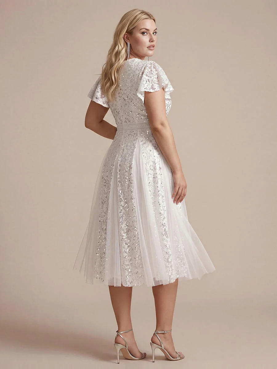 Elegant Lace Ruffle Sleeve Midi Dress Formal Wedding Guest Dress - Image 30