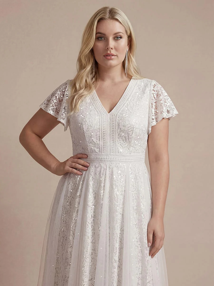 Elegant Lace Ruffle Sleeve Midi Dress Formal Wedding Guest Dress - Image 31