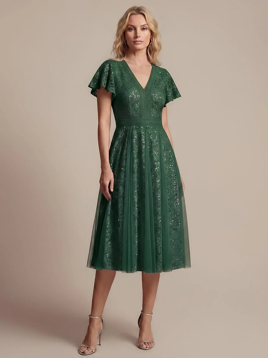 Elegant Lace Ruffle Sleeve Midi Dress Formal Wedding Guest Dress - Image 32