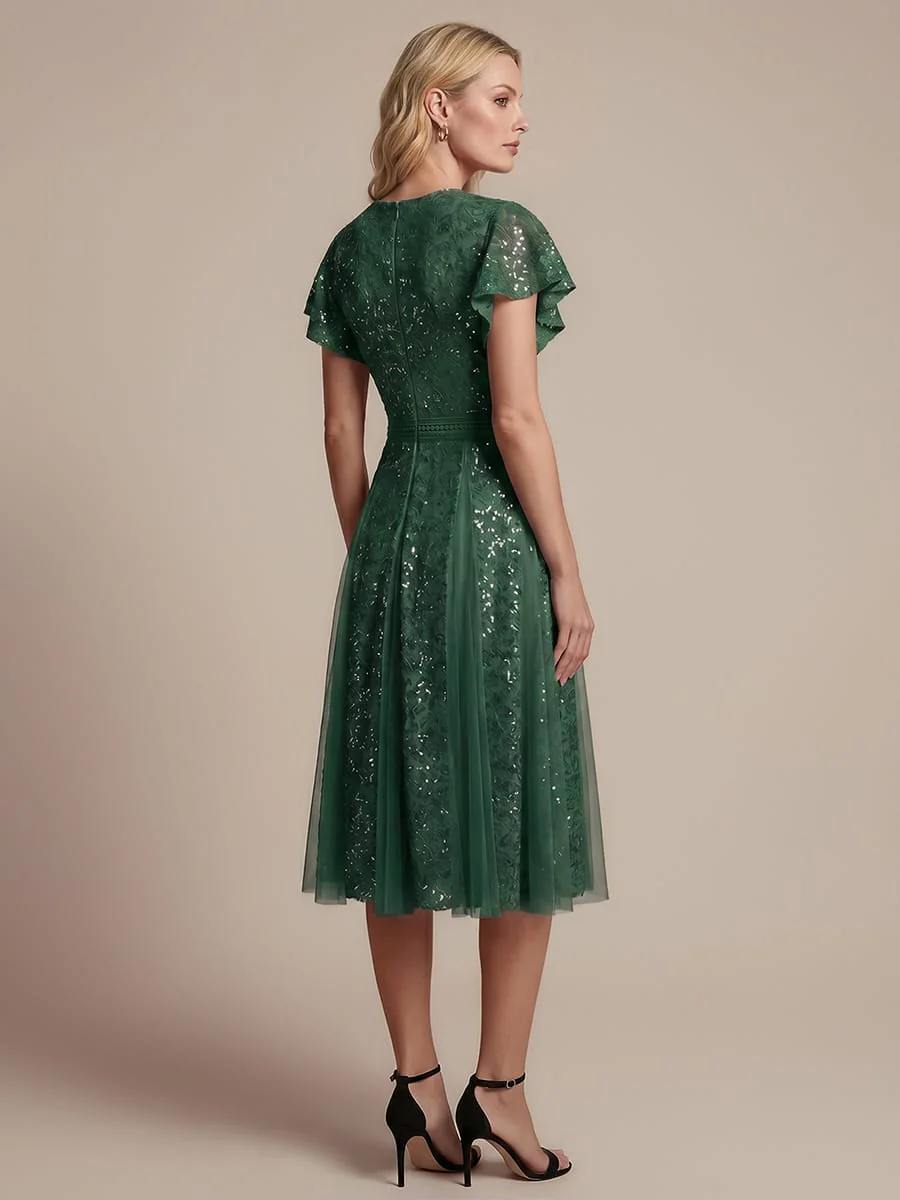 Elegant Lace Ruffle Sleeve Midi Dress Formal Wedding Guest Dress - Image 33