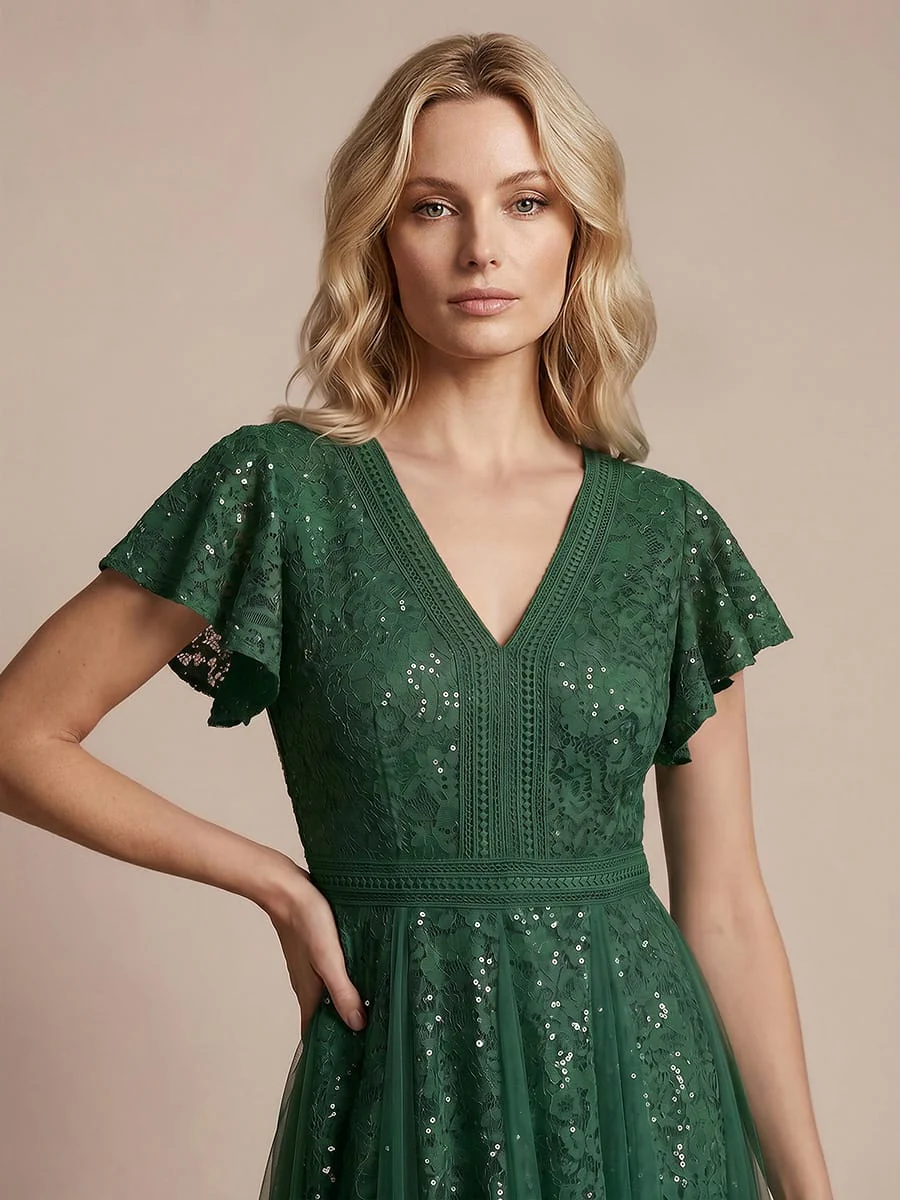 Elegant Lace Ruffle Sleeve Midi Dress Formal Wedding Guest Dress - Image 34