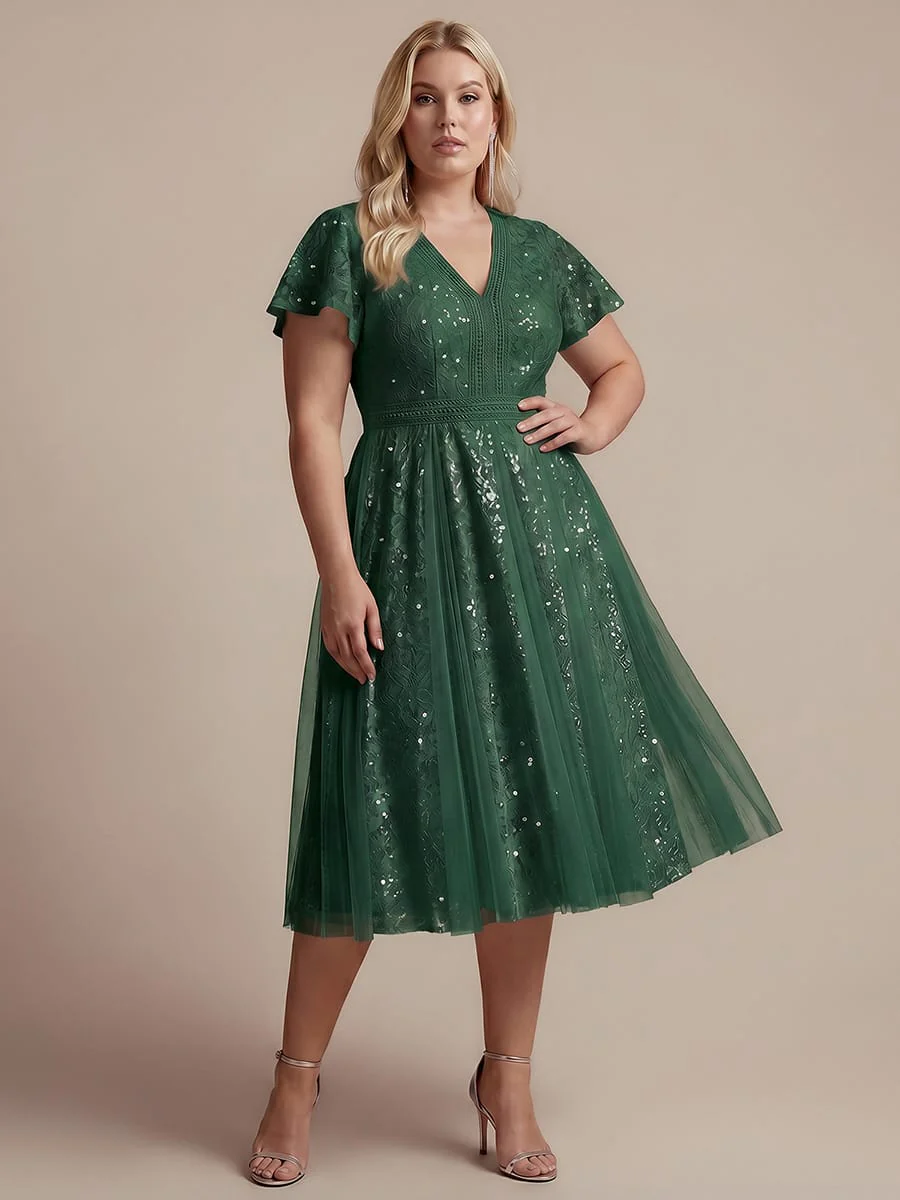 Elegant Lace Ruffle Sleeve Midi Dress Formal Wedding Guest Dress - Image 35