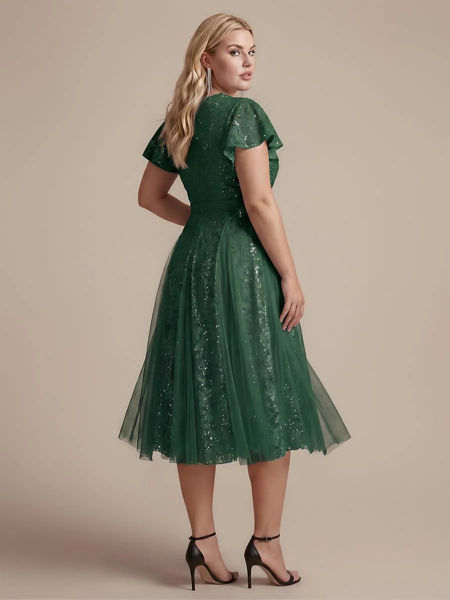 Elegant Lace Ruffle Sleeve Midi Dress Formal Wedding Guest Dress - Image 36