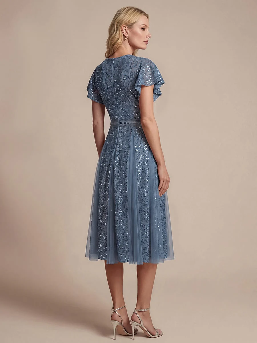 Elegant Lace Ruffle Sleeve Midi Dress Formal Wedding Guest Dress - Image 38
