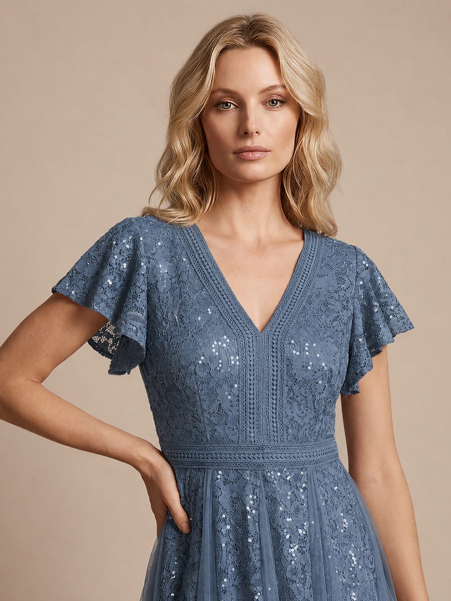 Elegant Lace Ruffle Sleeve Midi Dress Formal Wedding Guest Dress - Image 39
