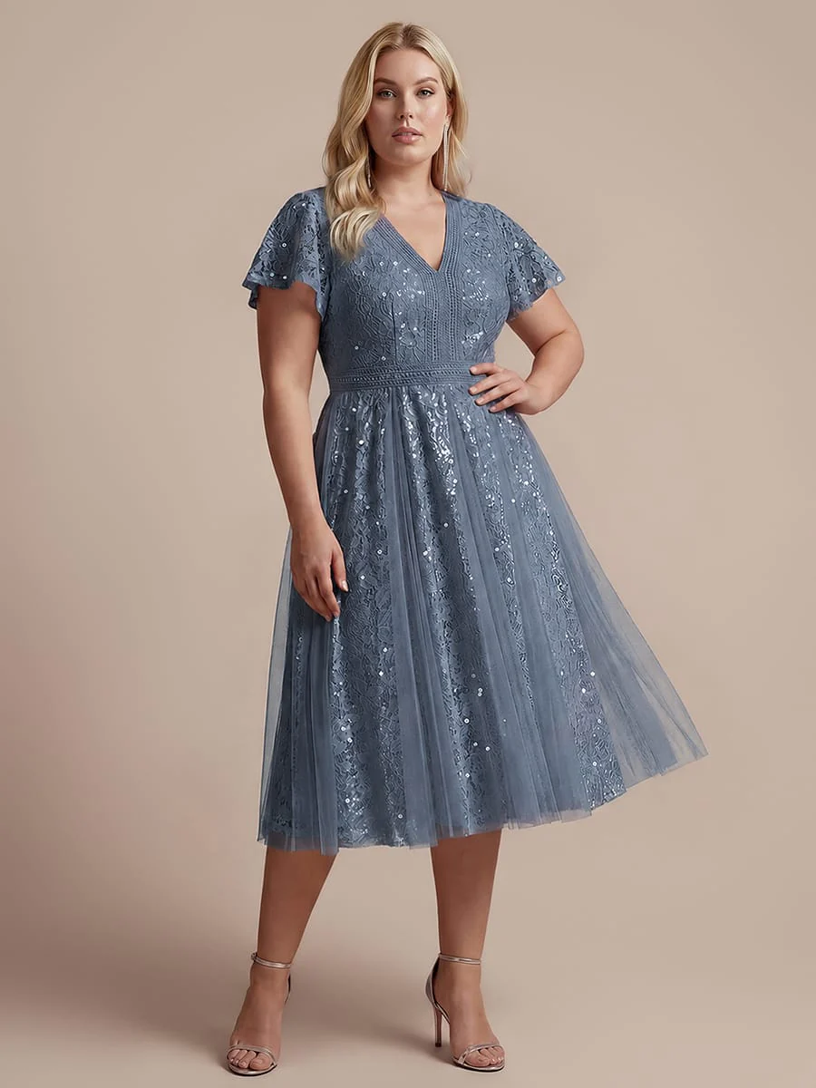 Elegant Lace Ruffle Sleeve Midi Dress Formal Wedding Guest Dress - Image 40