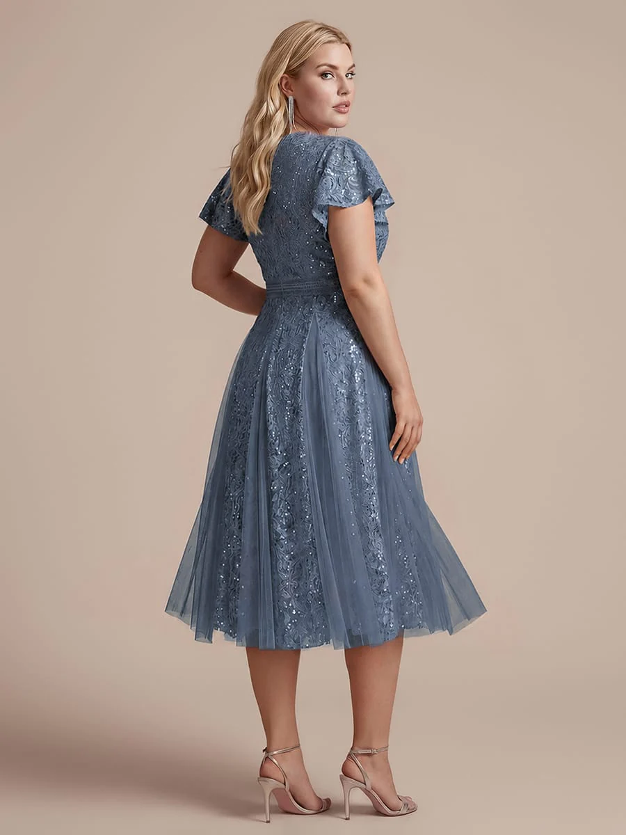 Elegant Lace Ruffle Sleeve Midi Dress Formal Wedding Guest Dress - Image 41