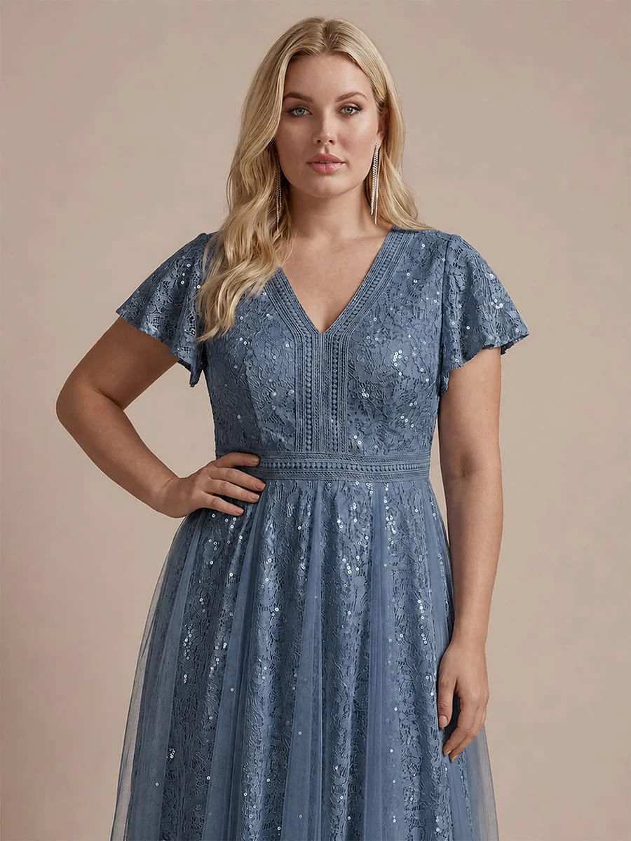 Elegant Lace Ruffle Sleeve Midi Dress Formal Wedding Guest Dress - Image 42