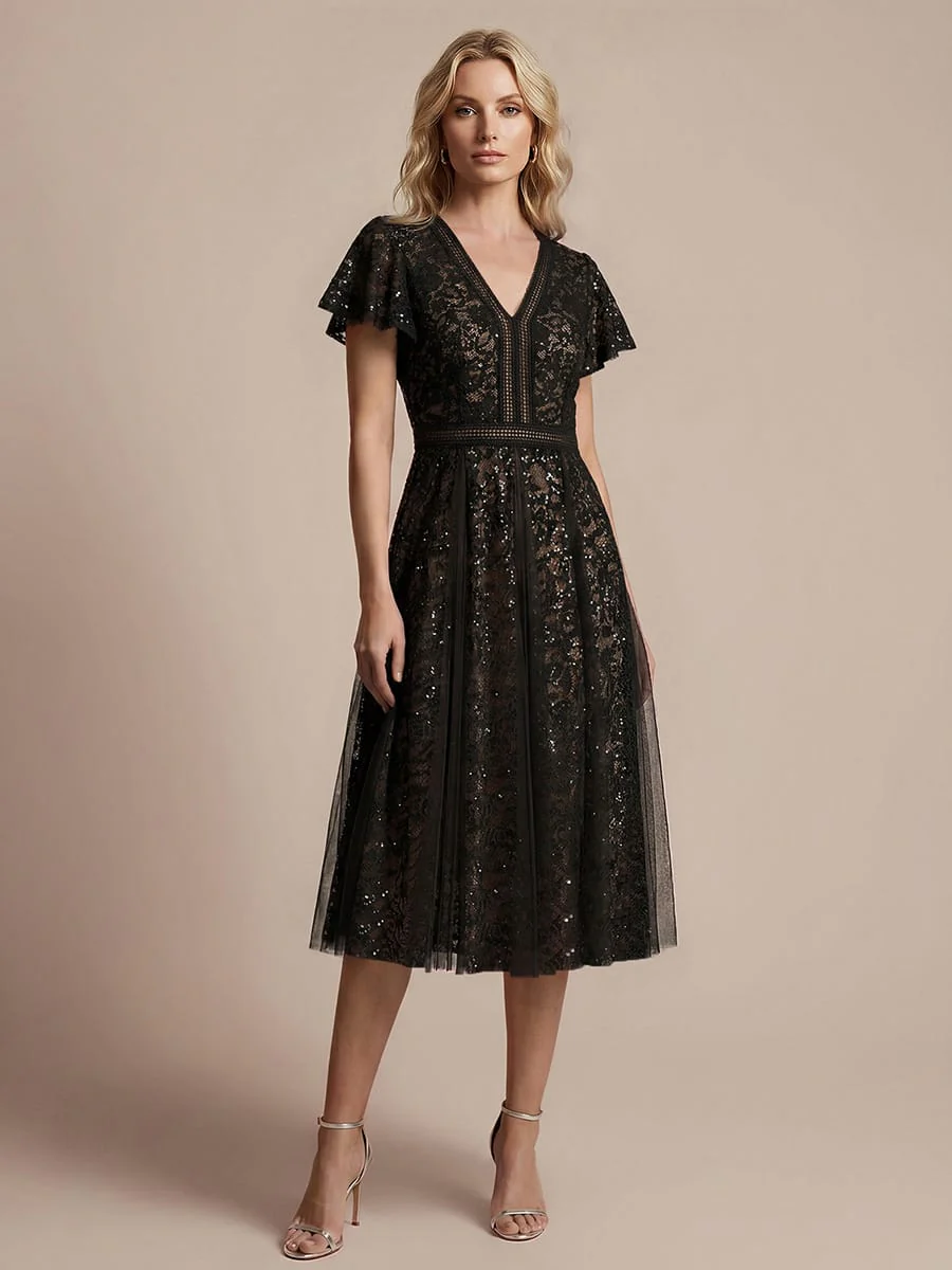 Elegant Lace Ruffle Sleeve Midi Dress Formal Wedding Guest Dress - Image 5