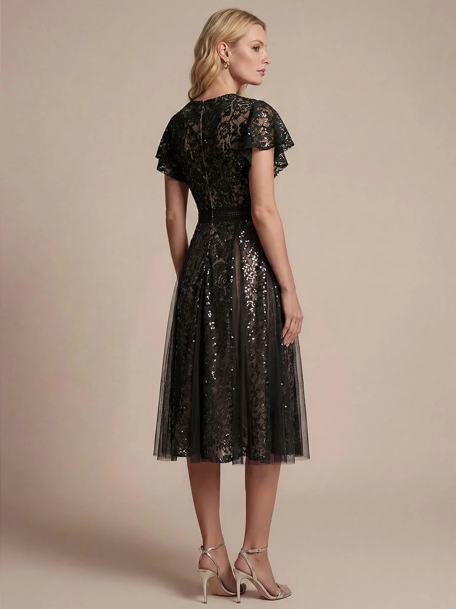 Elegant Lace Ruffle Sleeve Midi Dress Formal Wedding Guest Dress - Image 6
