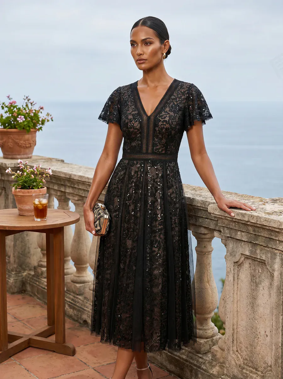 Elegant Lace Ruffle Sleeve Midi Dress Formal Wedding Guest Dress - Image 7