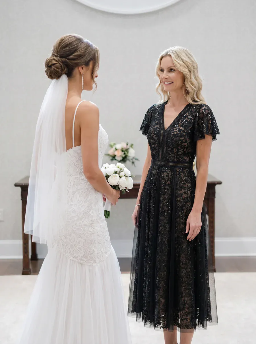 Elegant Lace Ruffle Sleeve Midi Dress Formal Wedding Guest Dress - Image 8