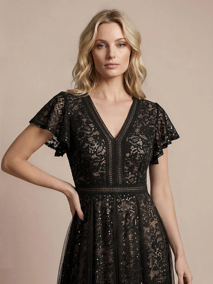 Elegant Lace Ruffle Sleeve Midi Dress Formal Wedding Guest Dress - Image 9