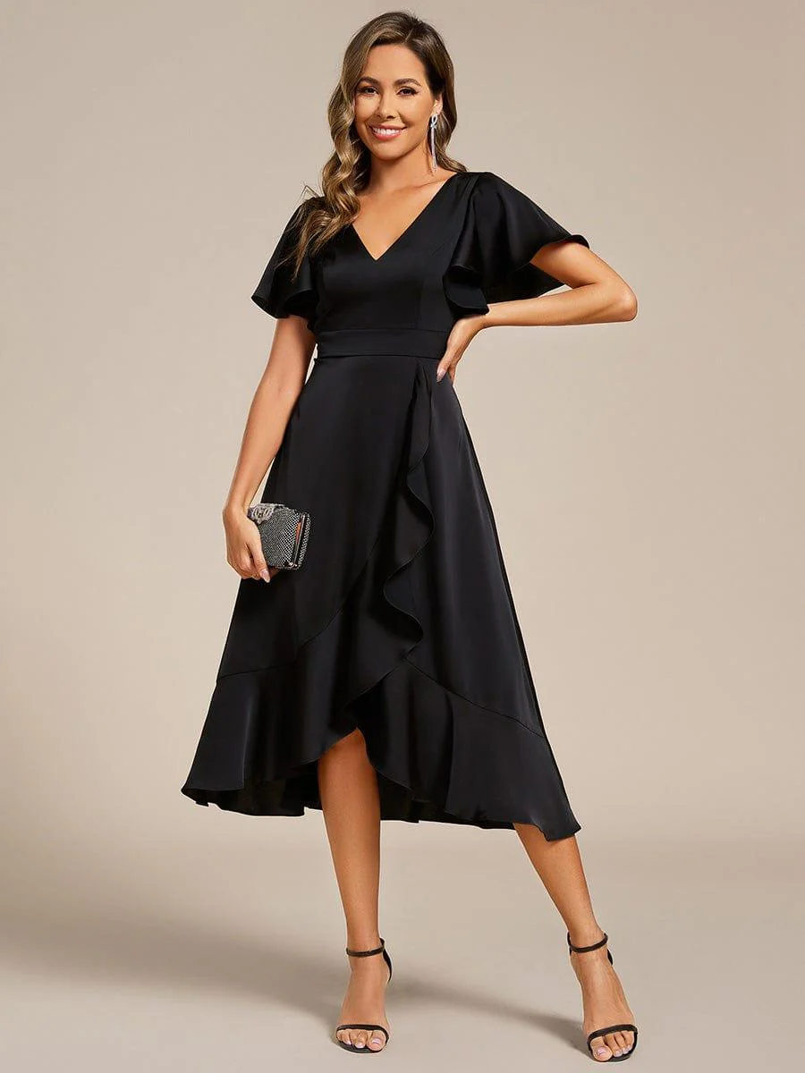 ever SAIGE|Ruffled V-neck Midi Satin Wedding Guest Dress - Image 21