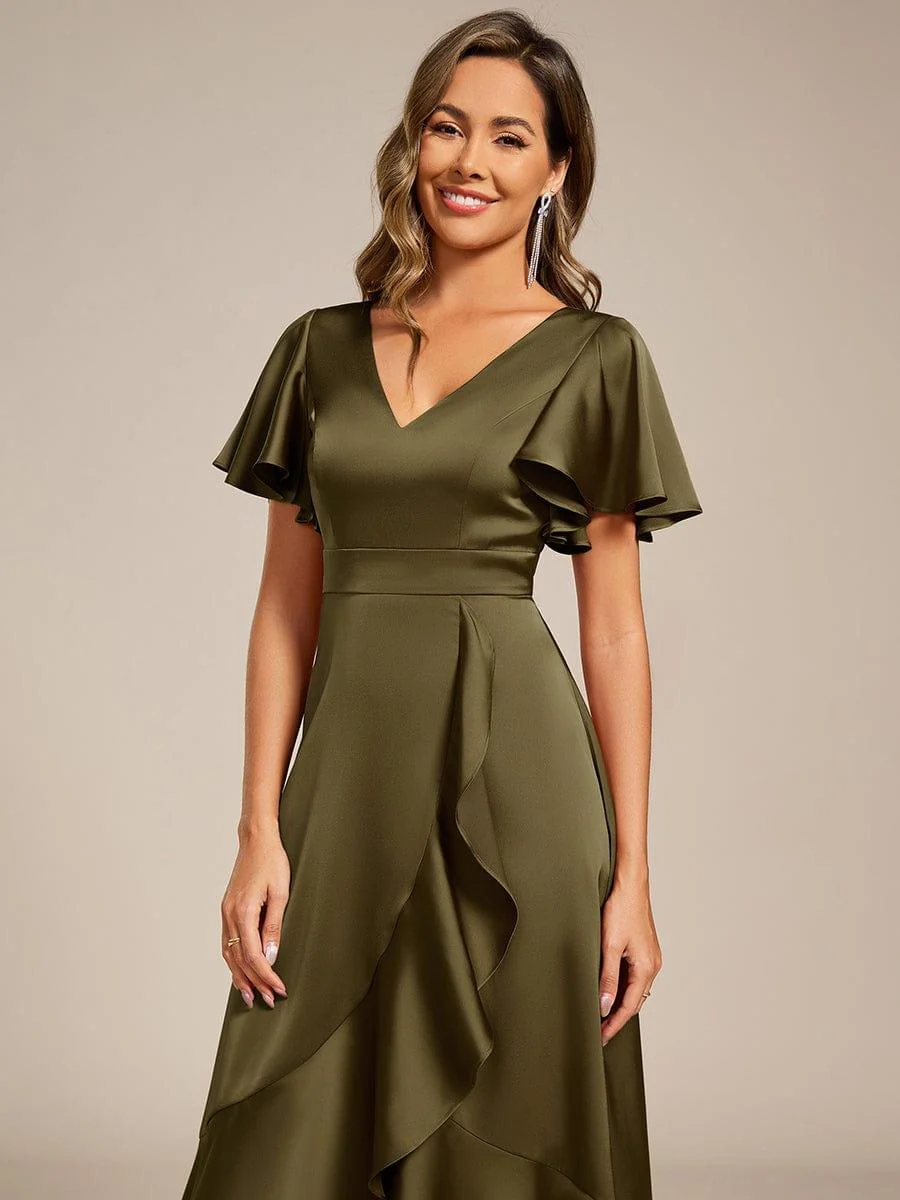 ever SAIGE|Ruffled V-neck Midi Satin Wedding Guest Dress - Image 36
