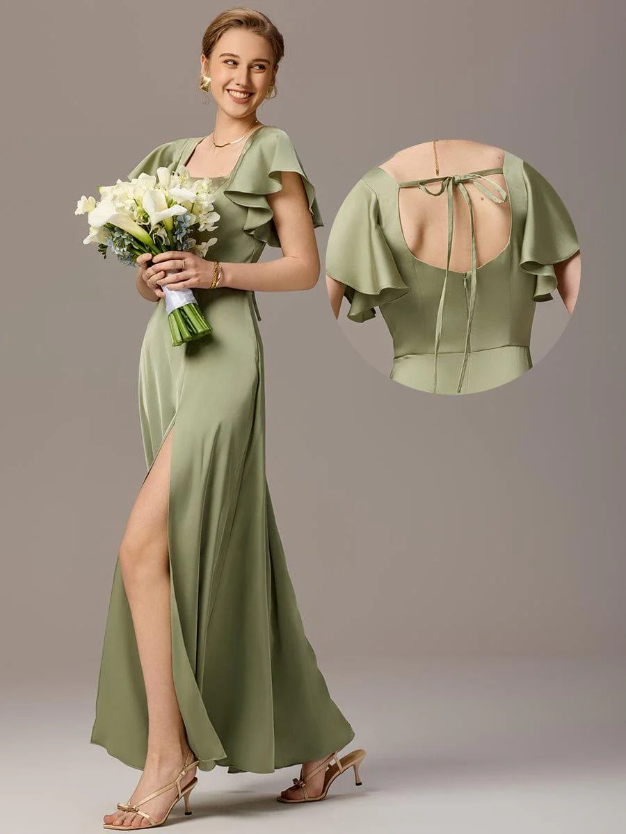 ever BELISSE|Designer Satin Square Neck Short Sleeve Ruffled Maxi Bridesmaid Dress With Pockets