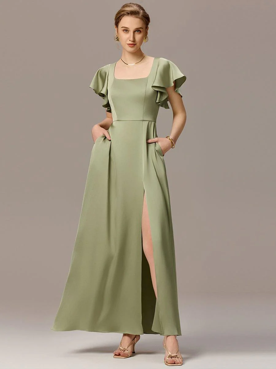 ever BELISSE|Designer Satin Square Neck Short Sleeve Ruffled Maxi Bridesmaid Dress With Pockets - Image 2