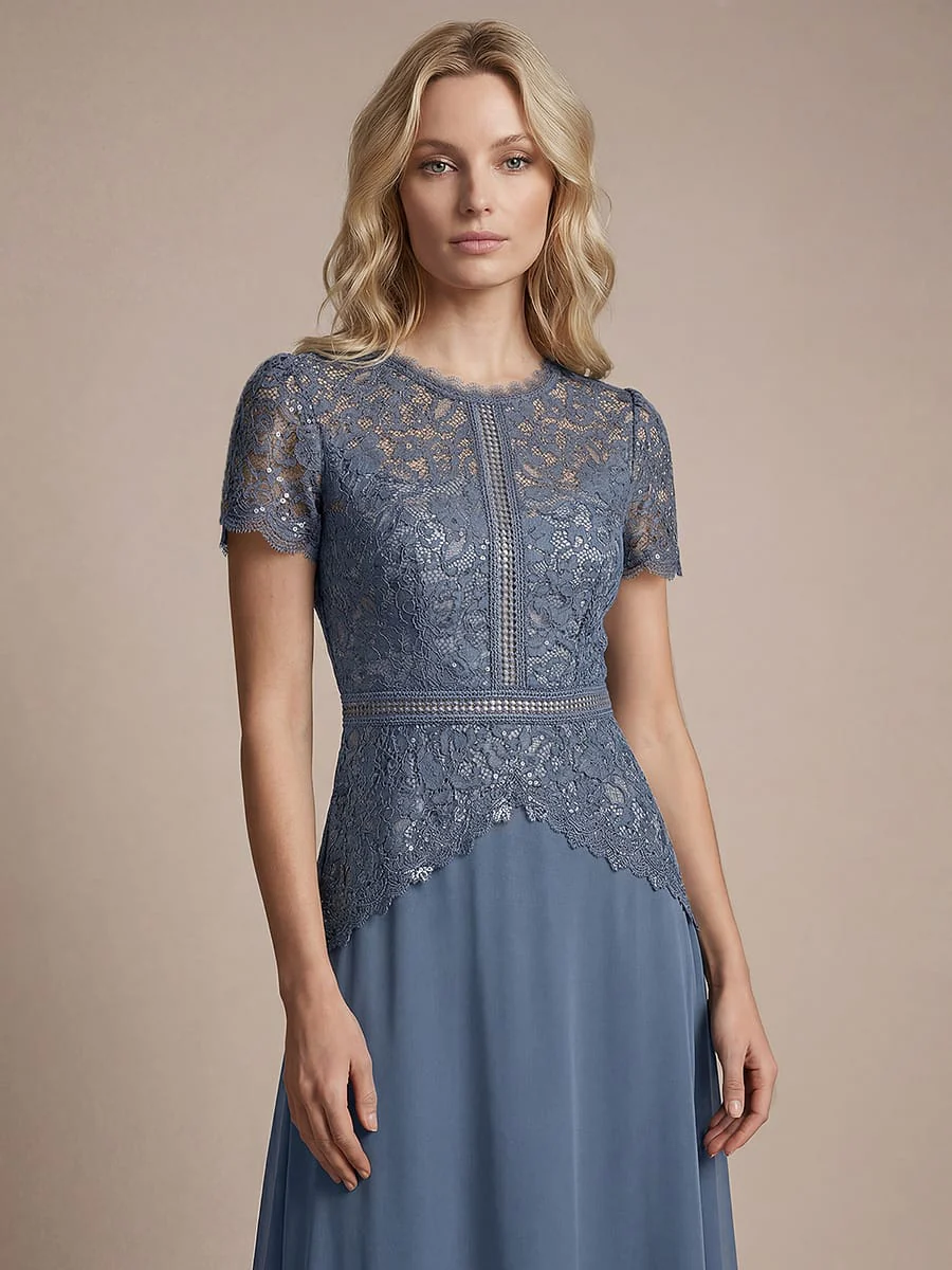 Sparkling Sequin Lace Maxi Dress with Short Sleeves Elegant Long Formal Evening Gown - Image 12