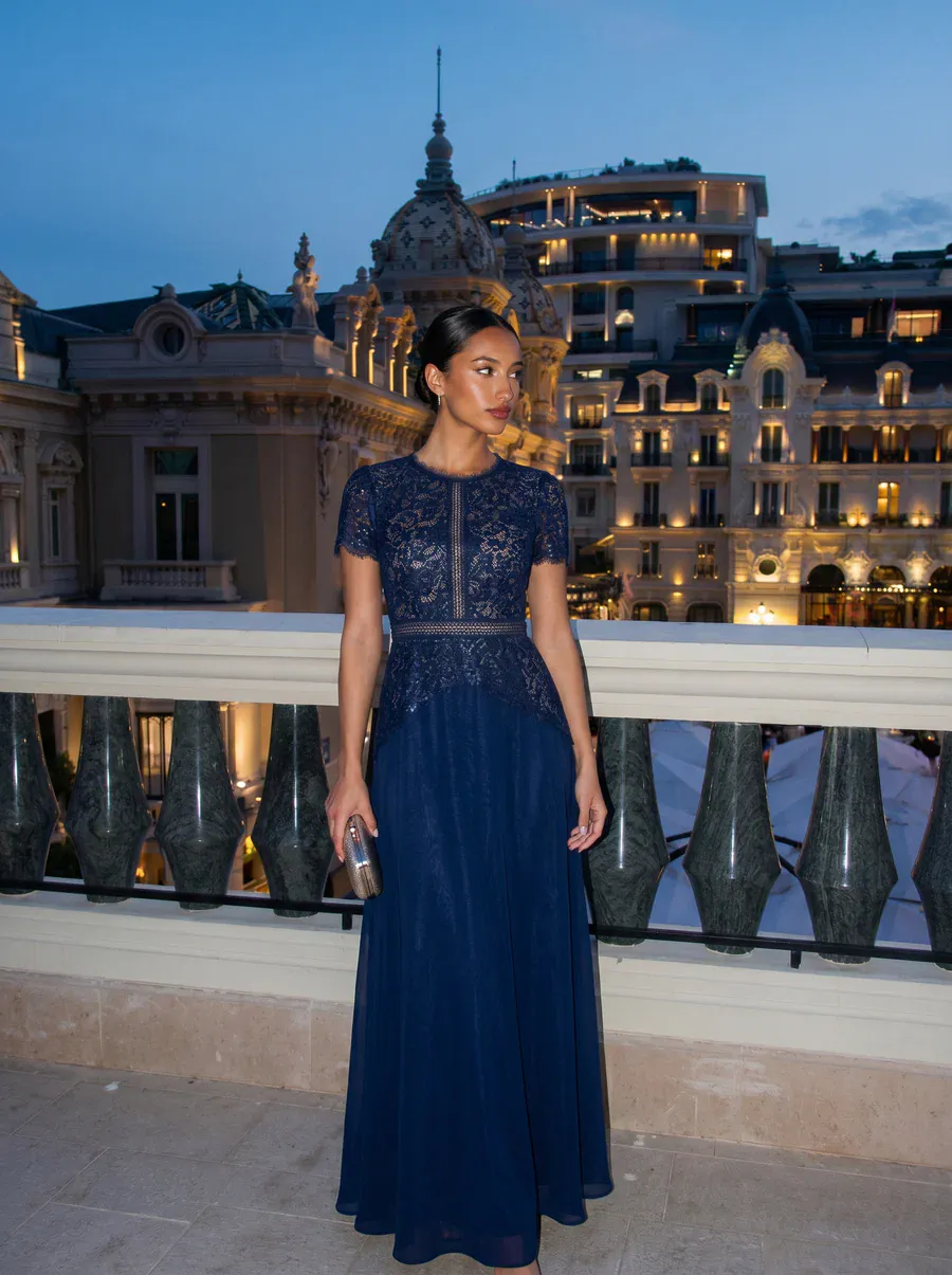 Sparkling Sequin Lace Maxi Dress with Short Sleeves Elegant Long Formal Evening Gown - Image 16