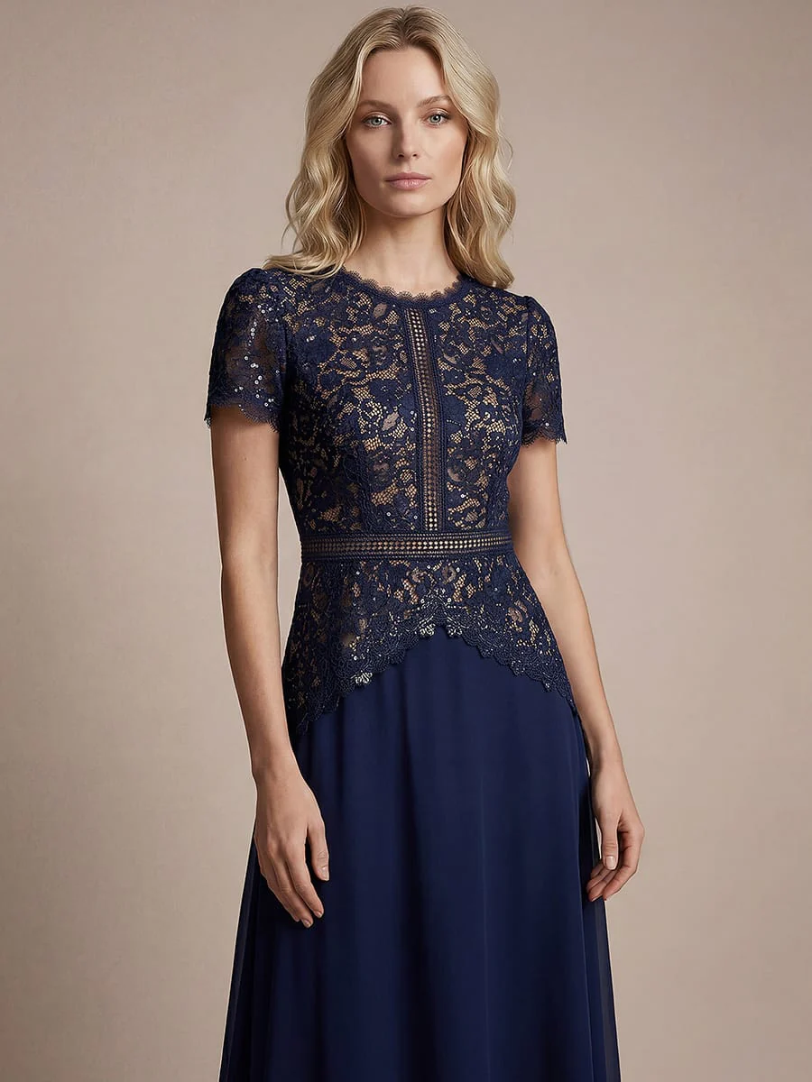 Sparkling Sequin Lace Maxi Dress with Short Sleeves Elegant Long Formal Evening Gown - Image 18