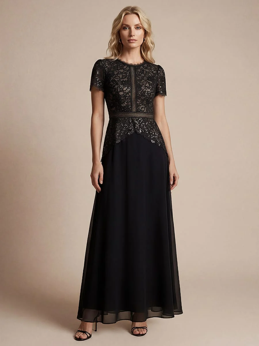 Sparkling Sequin Lace Maxi Dress with Short Sleeves Elegant Long Formal Evening Gown - Image 5