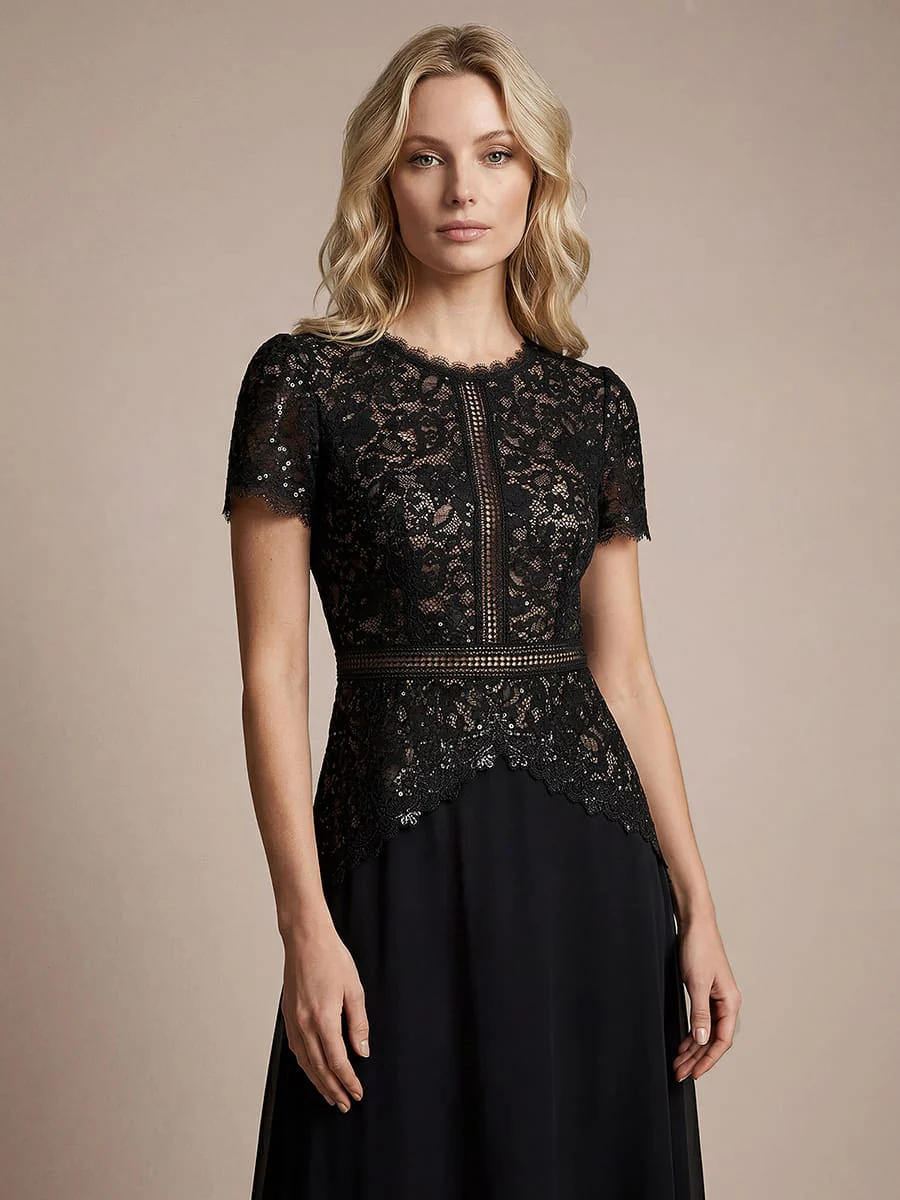 Sparkling Sequin Lace Maxi Dress with Short Sleeves Elegant Long Formal Evening Gown - Image 8