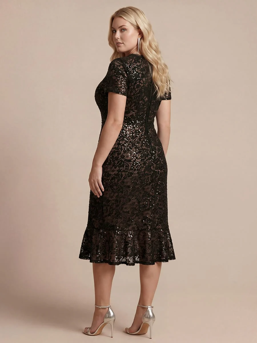 Elegant Ruched Sleeve Sequin Lace V-Neck High-Low Hem Formal Gown - Image 10