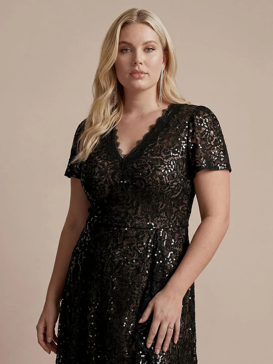 Elegant Ruched Sleeve Sequin Lace V-Neck High-Low Hem Formal Gown - Image 11