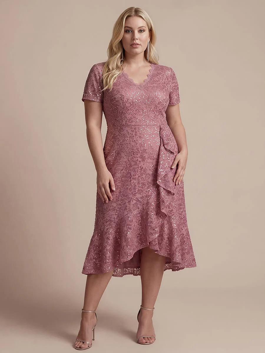 Elegant Ruched Sleeve Sequin Lace V-Neck High-Low Hem Formal Gown - Image 13