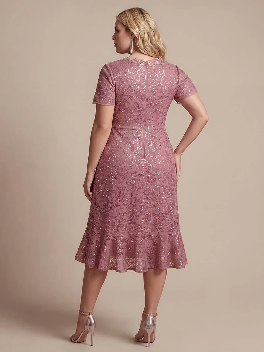 Elegant Ruched Sleeve Sequin Lace V-Neck High-Low Hem Formal Gown - Image 14