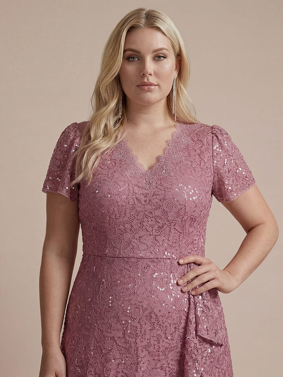 Elegant Ruched Sleeve Sequin Lace V-Neck High-Low Hem Formal Gown - Image 15