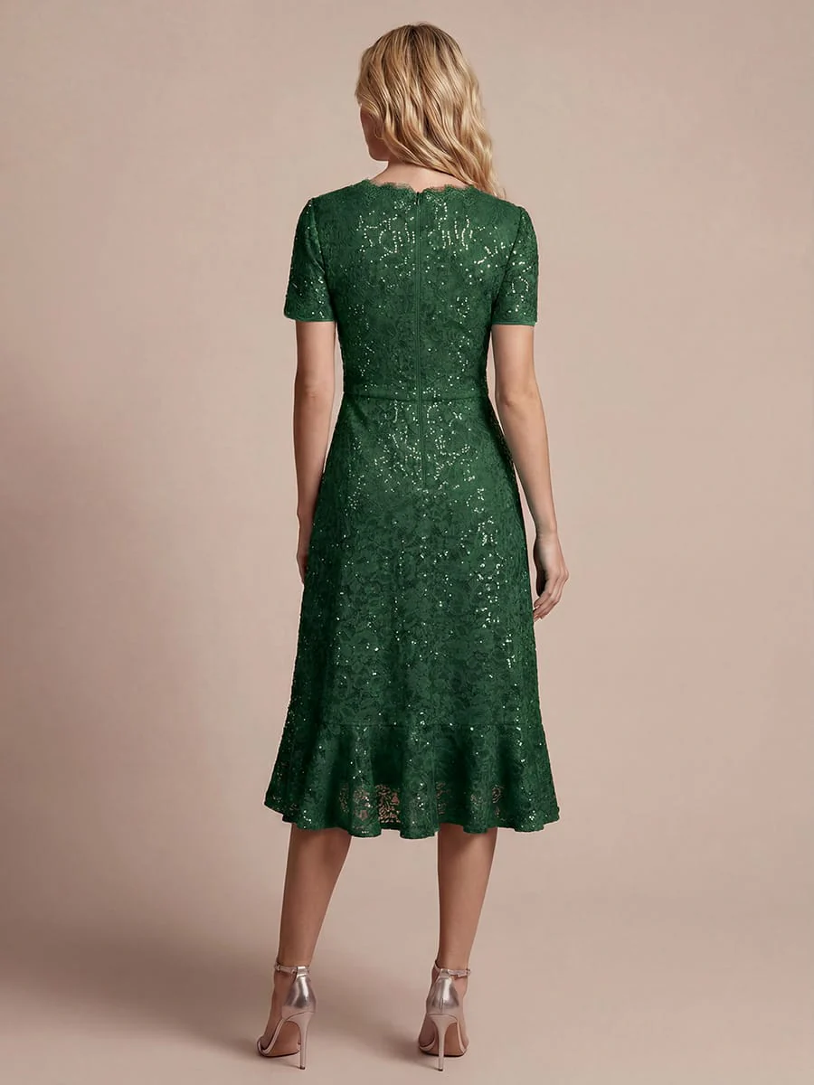 Elegant Ruched Sleeve Sequin Lace V-Neck High-Low Hem Formal Gown - Image 17