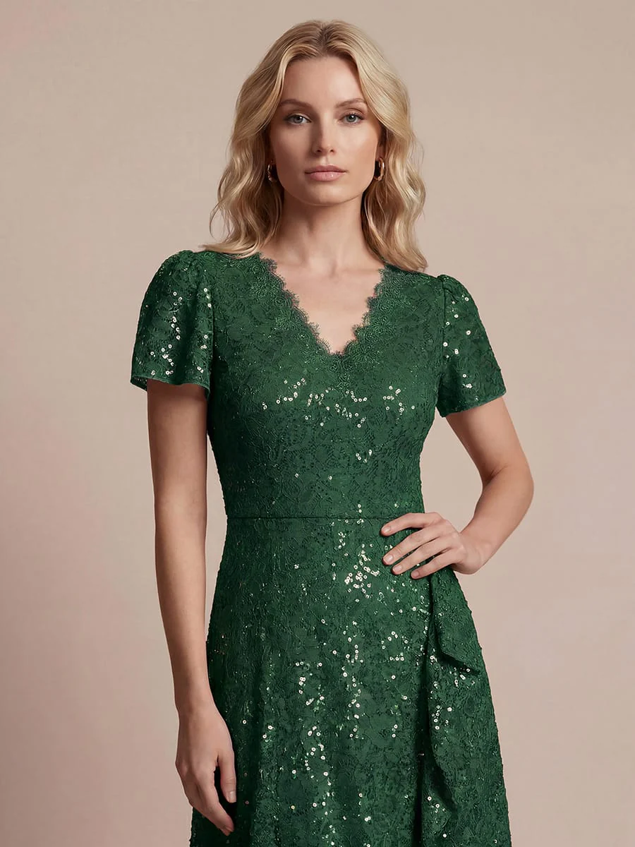 Elegant Ruched Sleeve Sequin Lace V-Neck High-Low Hem Formal Gown - Image 18