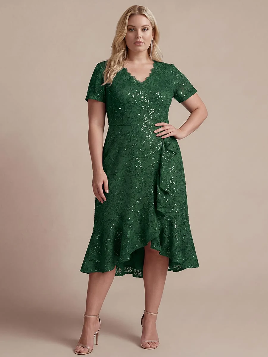 Elegant Ruched Sleeve Sequin Lace V-Neck High-Low Hem Formal Gown - Image 19