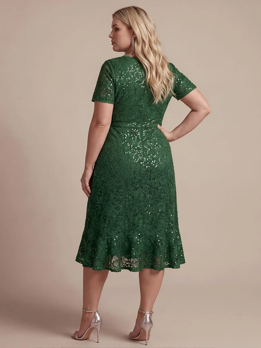 Elegant Ruched Sleeve Sequin Lace V-Neck High-Low Hem Formal Gown - Image 20