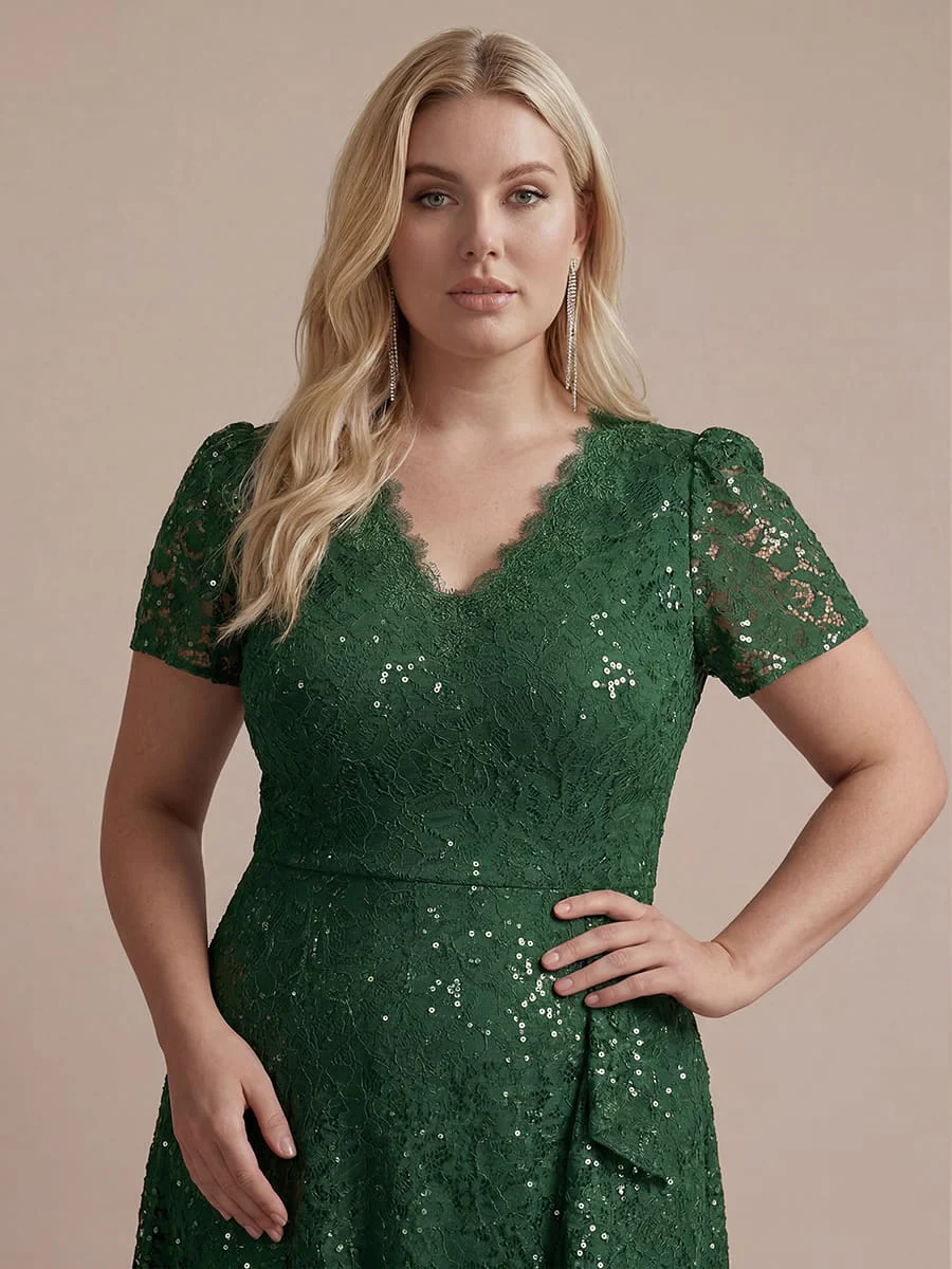 Elegant Ruched Sleeve Sequin Lace V-Neck High-Low Hem Formal Gown - Image 21