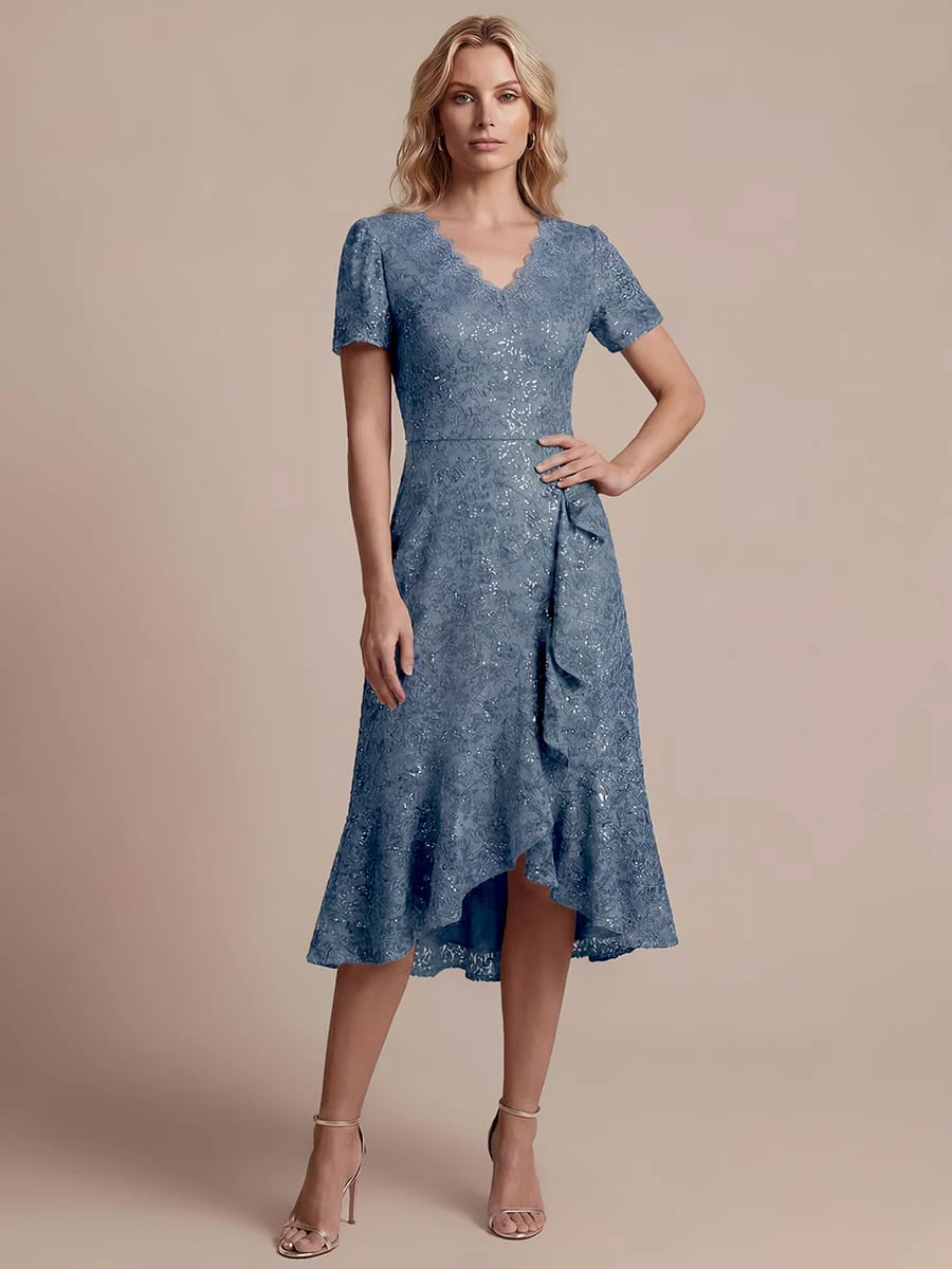Elegant Ruched Sleeve Sequin Lace V-Neck High-Low Hem Formal Gown - Image 22