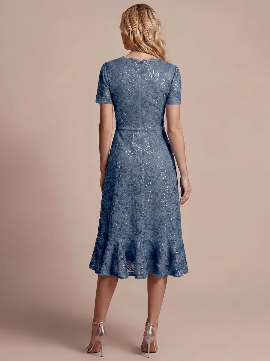 Elegant Ruched Sleeve Sequin Lace V-Neck High-Low Hem Formal Gown - Image 23