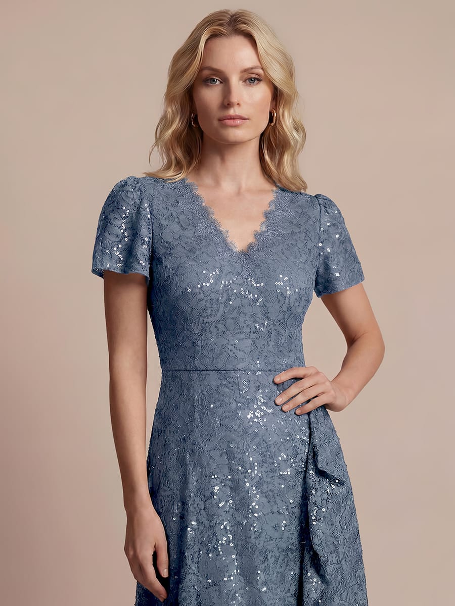 Elegant Ruched Sleeve Sequin Lace V-Neck High-Low Hem Formal Gown - Image 24